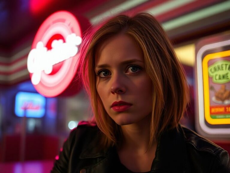 A candid photo of Erin Moriarty in a relaxed setting, possibly on set or at an event, with a warm and introspective mood. She