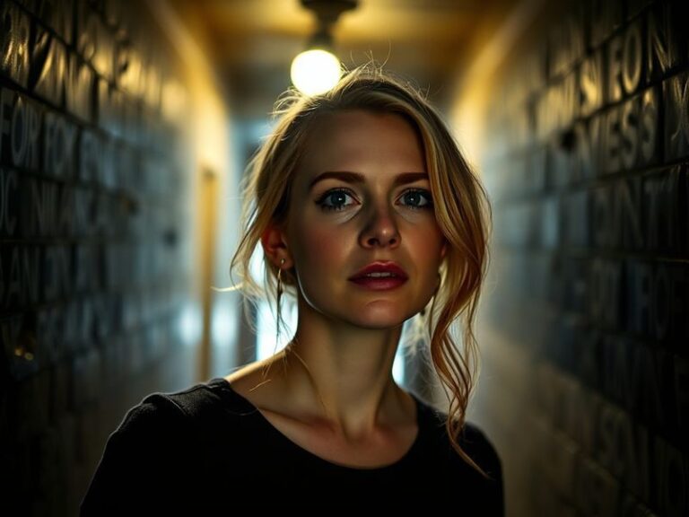 A professional portrait of Erin Moriarty in a moody, cinematic setting, wearing a stylish yet understated outfit. The lightin
