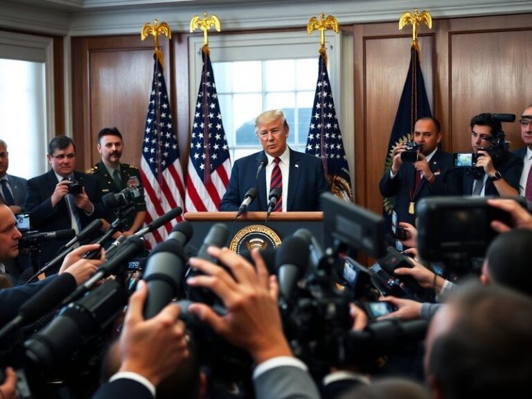 A split image: On one side, Donald Trump speaking at a podium with military personnel in the background; on the other, a vint