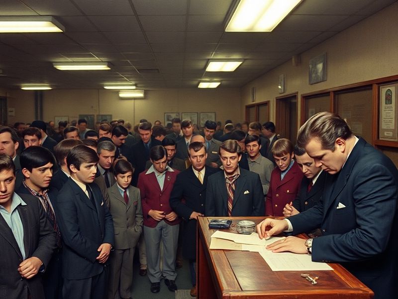 A split-image scene: On one side, a vintage 1960s draft lottery drum with papers flying out; on the other, a modern military