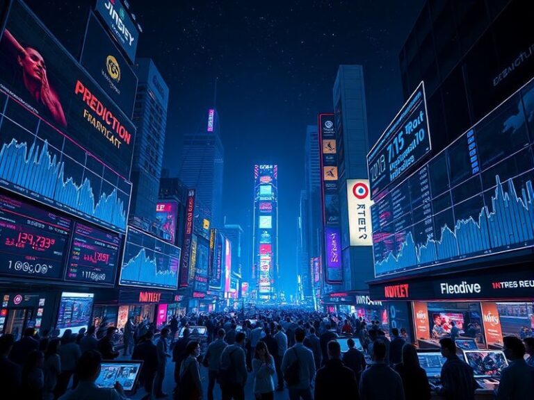 A futuristic digital stock market interface showing glowing prediction contracts for events like elections, sports, and corpo