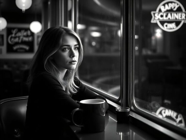 A cinematic portrait of Erin Moriarty in a moody, slightly off-center composition. She wears a stylish, modern outfit with ne