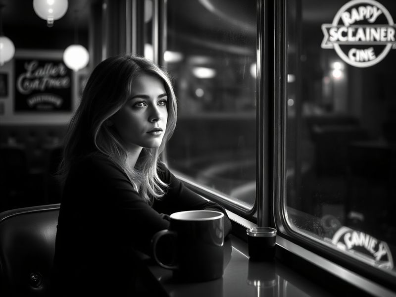 A cinematic portrait of Erin Moriarty in a moody, slightly off-center composition. She wears a stylish, modern outfit with ne