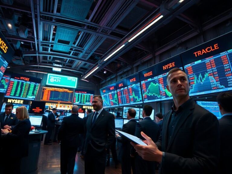 A futuristic digital trading floor with holographic charts displaying prediction market data, surrounded by diverse participa