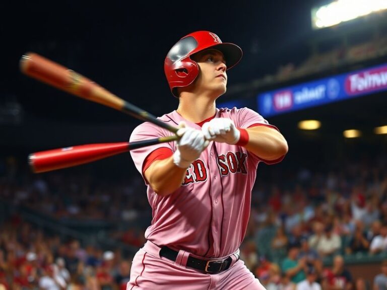 A dynamic action shot of Xander Bogaerts in his San Diego Padres uniform, mid-swing during a game at Petco Park, with the sta