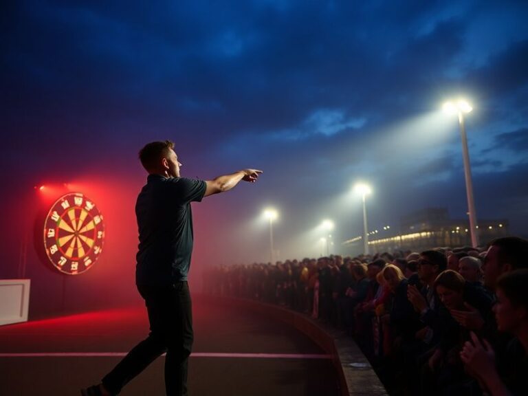 A split-image visual: on the left, Luke Littler mid-throw with a focused expression; on the right, a divided crowd with some