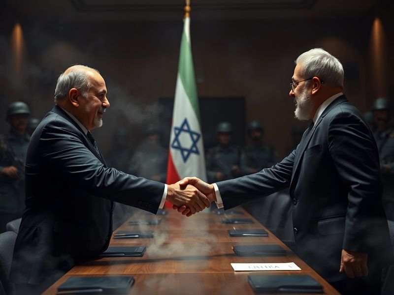 A split-image scene: on the left, Israeli and Iranian flags draped over a table during negotiations in Doha; on the right, a