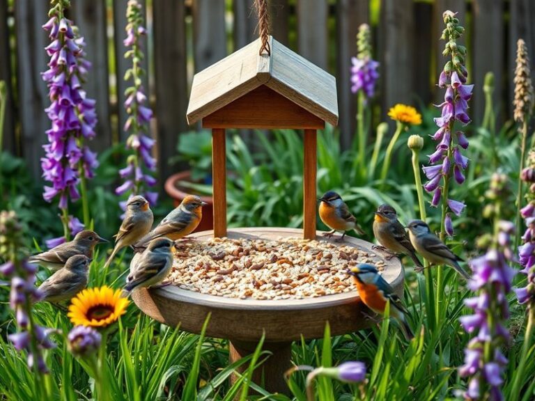 A cozy garden scene with a variety of birds at a well-stocked feeder, including blue tits, a robin, and a woodpigeon. Soft mo