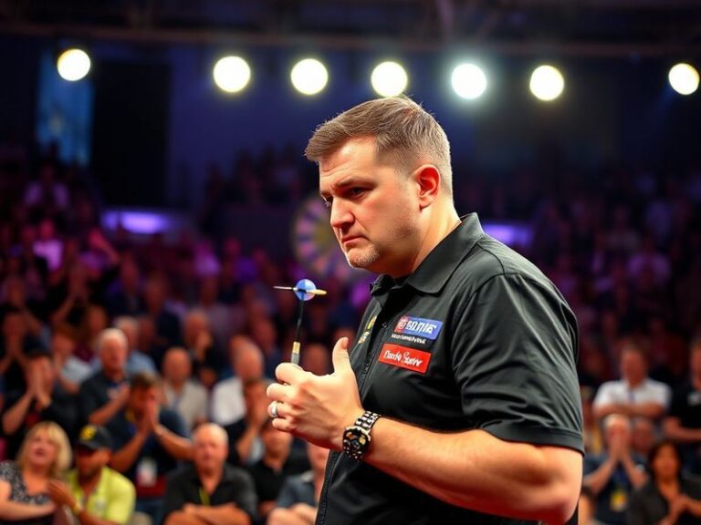 A tense moment on a darts stage with Luke Littler mid-throw, surrounded by a mixed crowd—some fans cheering, others booing—un