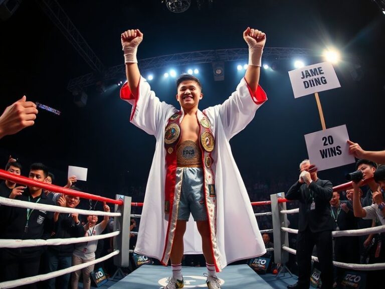 A dynamic scene of Jamie Ding mid-gameplay on stage at a major esports tournament, surrounded by bright LED screens and a liv