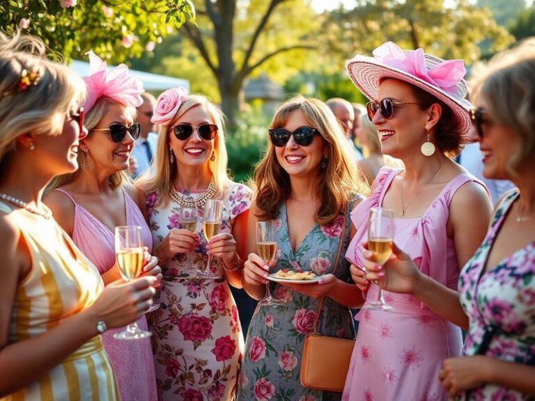 A vibrant aerial view of Ascot Racecourse on Ladies Day, featuring a sea of colorful hats and elegant attire in the stands, w