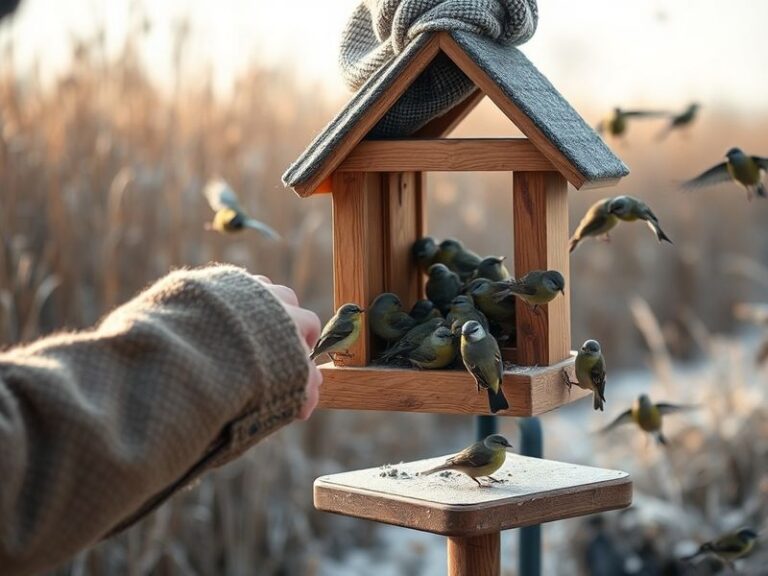 A vibrant garden scene with multiple bird feeders filled with seeds, surrounded by various wild birds like blue tits, robins,