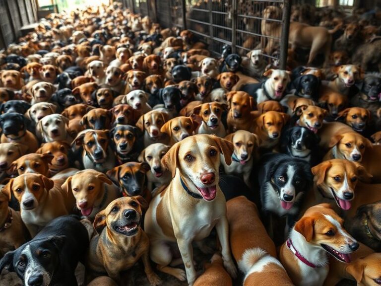 A group of 250 dogs, some in crates and others on leashes, being loaded onto a transport vehicle in a city neighborhood. Volu
