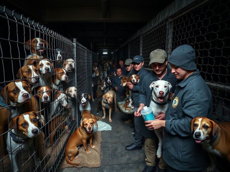 A collage of before-and-after images showing rescued dogs in poor conditions (overcrowded, dirty enclosures) and recovering d