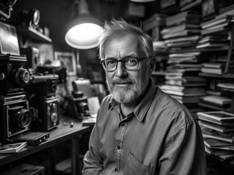A candid portrait of Lee Milne in a modern newsroom, surrounded by dual monitors displaying live sports analytics and a noteb