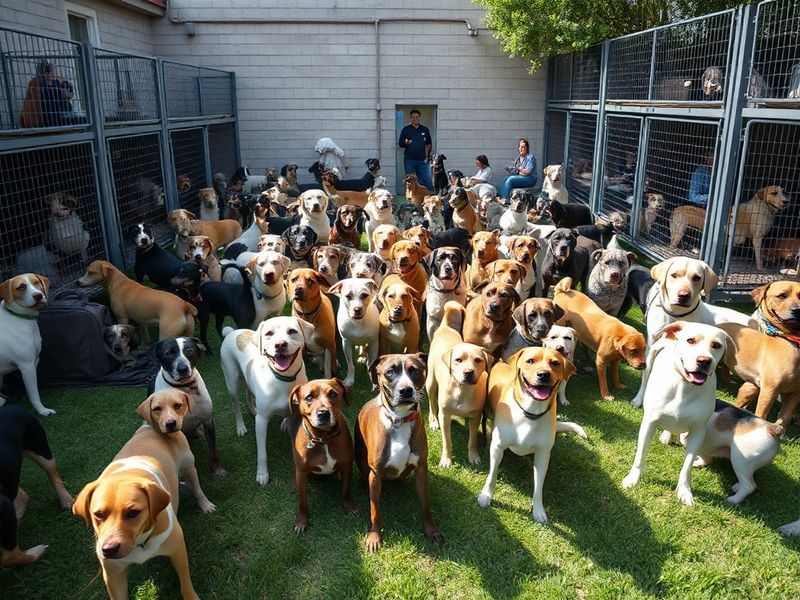 A collage showing dogs being loaded into transport vehicles from a crowded, dilapidated shelter, with rescue workers in unifo