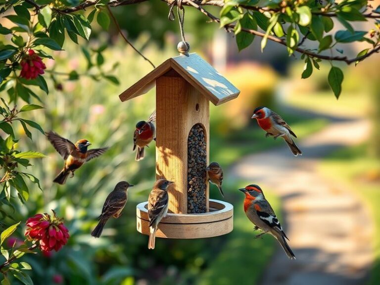A diverse group of colorful birds feeding from an RSPB bird feeder in a lush garden setting, with autumn leaves and a wooden