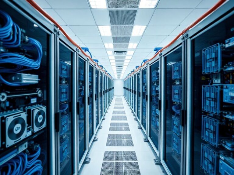 A panoramic view of the Sunway TaihuLight supercomputer room in Wuxi, China, showing rows of black cabinets with blue liquid