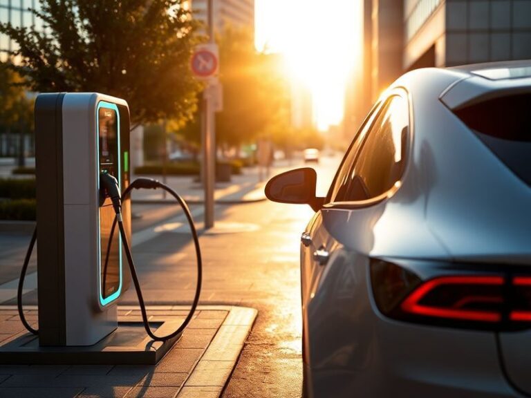 A futuristic cityscape at dusk, featuring sleek electric vehicles charging at modern stations along a tree-lined street, with