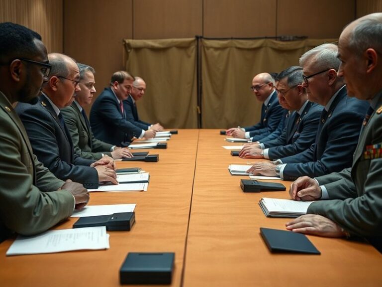 A split-image scene: on one side, diplomats in a formal negotiation room with flags and documents; on the other, a war-torn c