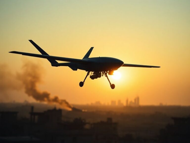 A Shahed-136 drone in flight, captured mid-air against a cloudy sky. The drone's delta-wing design and Iranian markings are c