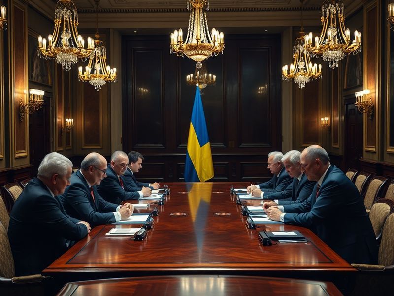 A divided image showing a Ukrainian flag on one side and a world map with key conflict zones highlighted on the other, symbol