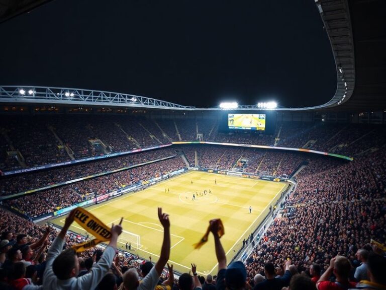 A vibrant scene inside Elland Road stadium during a Leeds United match, with fans in white and blue scarves cheering, the sta
