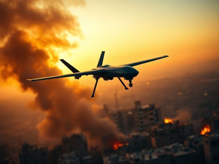 A close-up of a Shahed-136 drone in flight, showing its delta-wing design and markings. The scene depicts a cloudy sky with t