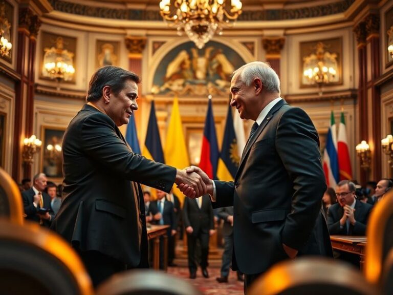 A split image showing a war-torn Ukrainian city on one side and diplomats shaking hands on the other, symbolizing the fragile