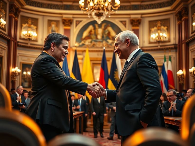 A split image showing a war-torn Ukrainian city on one side and diplomats shaking hands on the other, symbolizing the fragile