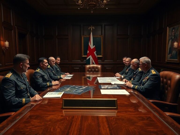 A high-tech command center with military personnel monitoring global threats on large screens, blending traditional defence s