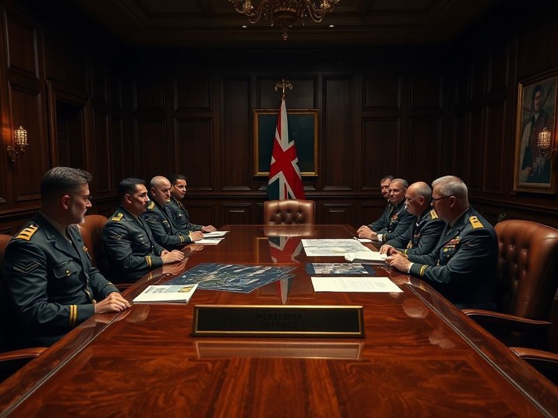 A high-tech command center with military personnel monitoring global threats on large screens, blending traditional defence s