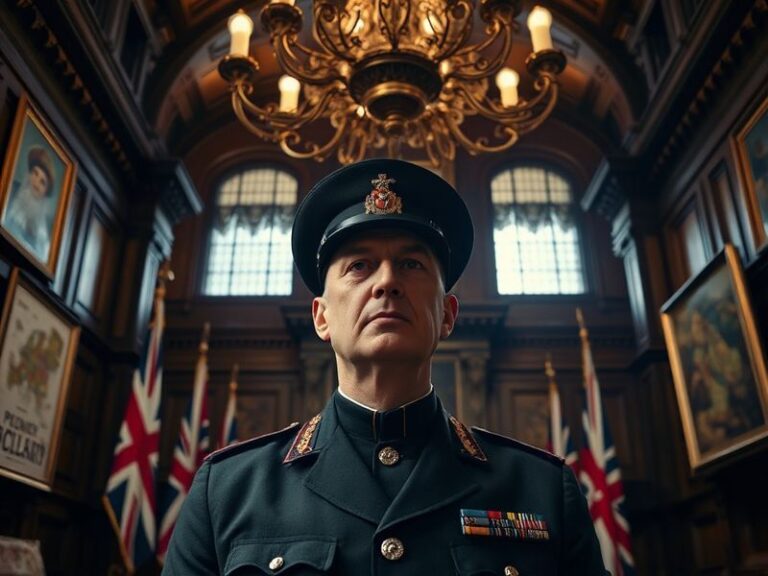 A professional office setting with military personnel in civilian attire discussing documents and digital screens displaying