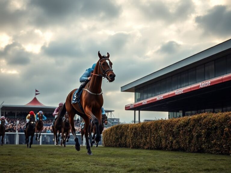 A triumphant West End Story crossing the finish line at Aintree, with jockey Danny Mullins raising his whip in celebration. T