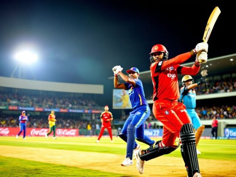 A vibrant cricket stadium split down the middle: one half painted in pink (RR fans) and the other in red (RCB fans), with pla