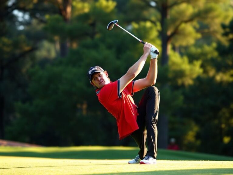 A dynamic action shot of Mike Weir mid-swing at the Masters, wearing his iconic green jacket, with Augusta National’s iconic