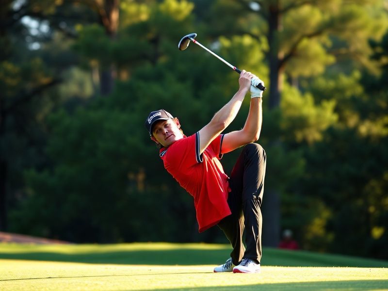 A dynamic action shot of Mike Weir mid-swing at the Masters, wearing his iconic green jacket, with Augusta National’s iconic