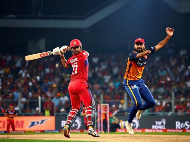An action-packed cricket match between RCB and RR at M. Chinnaswamy Stadium, featuring players like Virat Kohli and Jos Buttl
