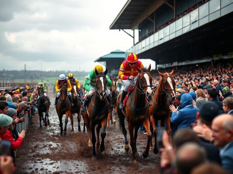 A dramatic shot of the Grand National finish line at Aintree, with horses and jockeys in mid-race, crowds blurred in the back