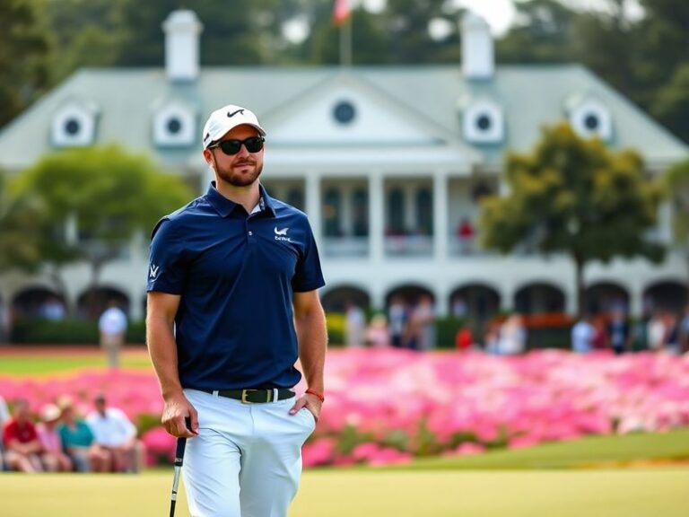 A focused portrait of Zach Johnson mid-swing on a sunlit golf course, wearing a white cap and polo, with a serene background