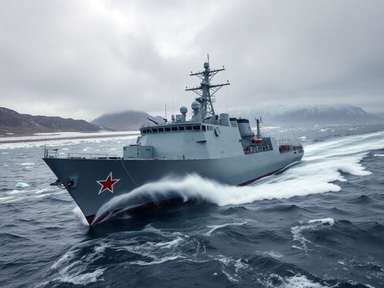 A high-angle view of a Russian Navy Admiral Gorshkov-class frigate sailing in open waters, with a Yasen-class submarine visib