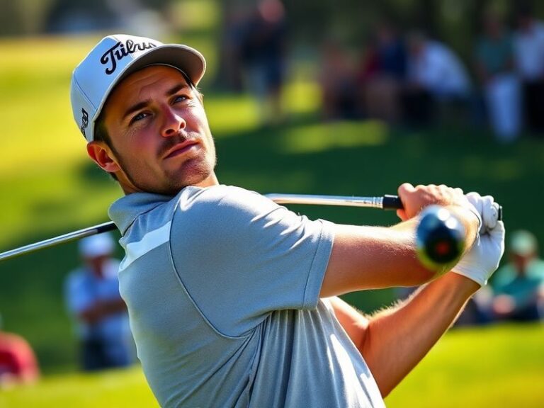 A focused shot of Danny Willett mid-swing at Augusta National, wearing his Masters green jacket, with the iconic pines and az