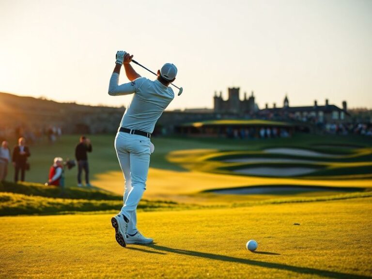 A golfer in mid-swing on a links-style course with rolling hills, firm fairways, and bunkers in the background. The golfer is