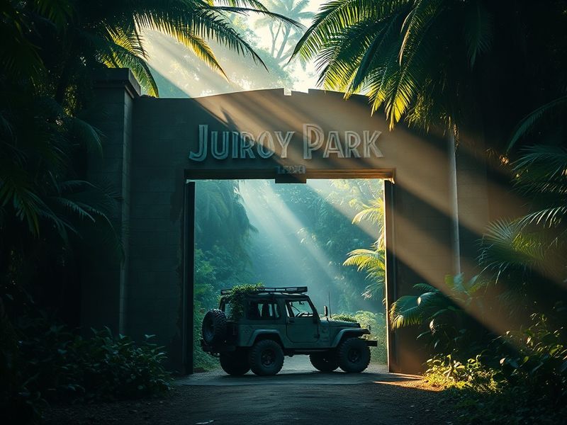 A moody concept art image showing a ruined Jurassic Park visitor center on Isla Nublar, with stormy skies and silhouettes of