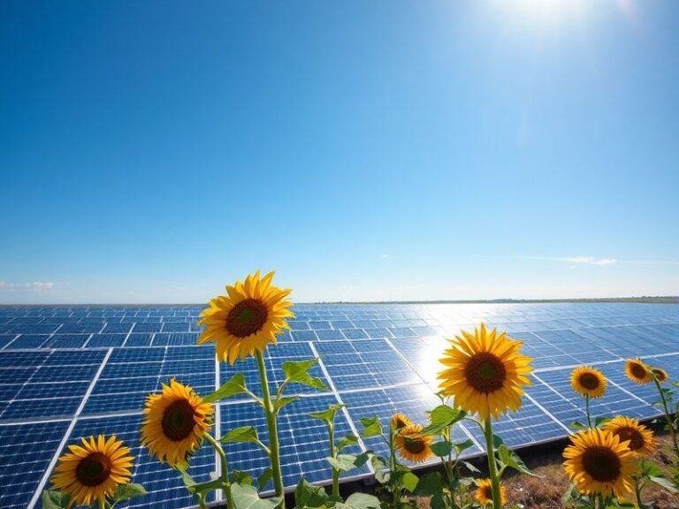 Aerial view of a large solar farm with rows of solar panels under a bright blue sky, showcasing the scale and efficiency of s