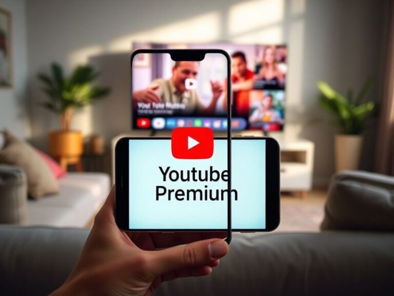 A split-screen image showing a smartphone displaying YouTube Premium’s interface on one side, with a laptop streaming a video