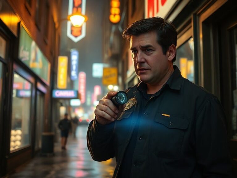 A promotional image-style shot of Nathan Fillion in a police uniform, standing confidently in an LAPD setting with a serious