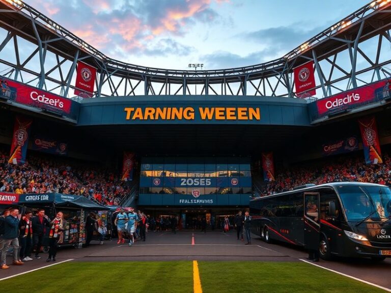 A vibrant stadium atmosphere during an EFL match, featuring fans in team colors, players celebrating a goal, and a scoreboard