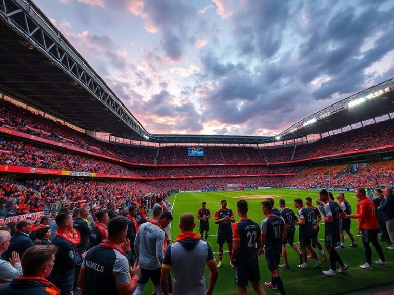 A vibrant stadium scene during a twilight EFL match, showcasing diverse fans, players in action, and the iconic EFL logo on d