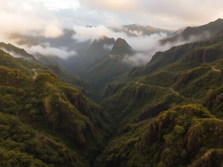A misty laurel forest in Garajonay National Park on La Gomera, with ancient trees draped in moss and sunlight filtering throu